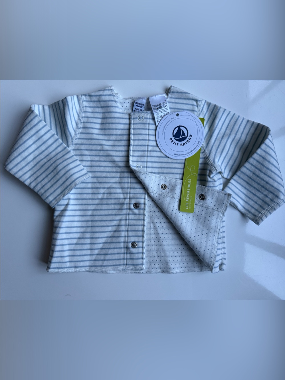 Petit Bateau Light Blue and White Striped Reversible snap cardigan